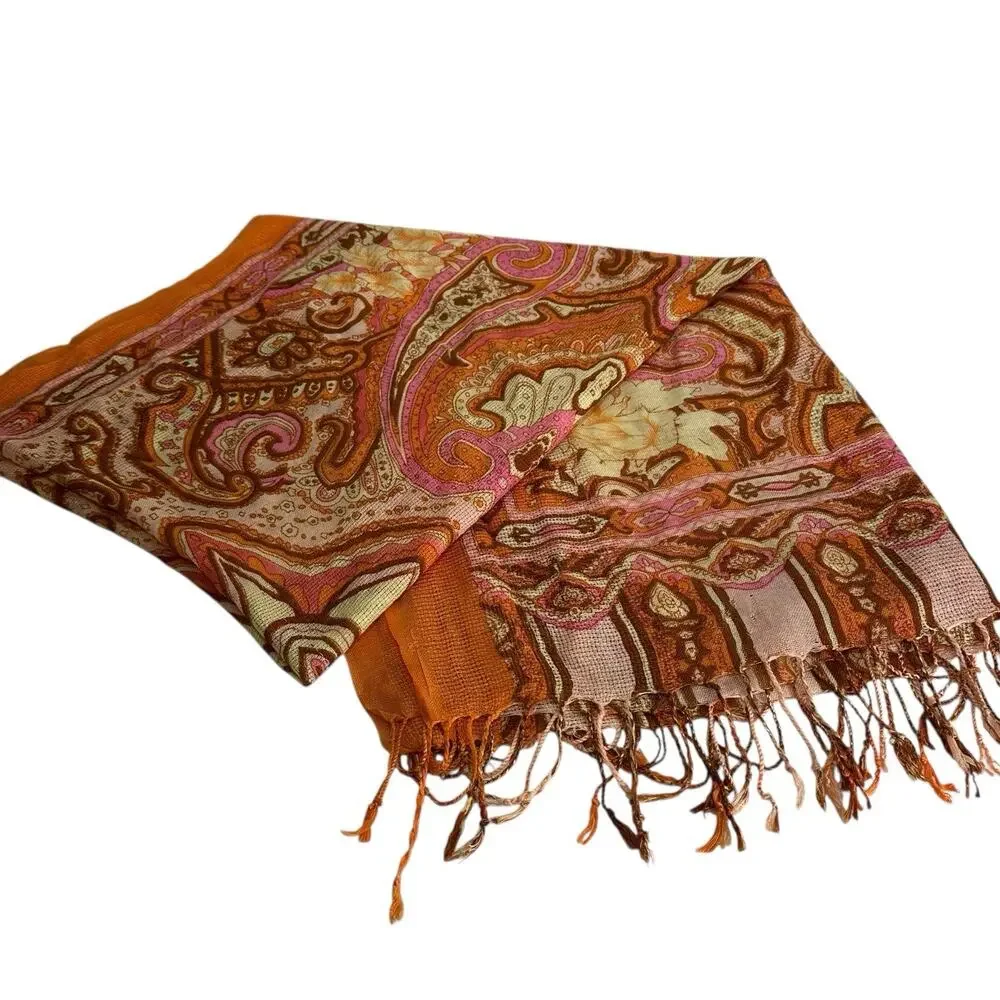 Paisley Fringe Wrap Scarf in Burnt Orange and Pink
